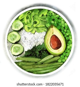 Poke. Set of rice, avocado, green peas, cucumbers, asparagus and lettuce. Hand drawn watercolor illustration.