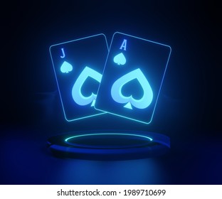ฺBlackjack poker casino cards with glowing neon lights on black background, 3d illustration