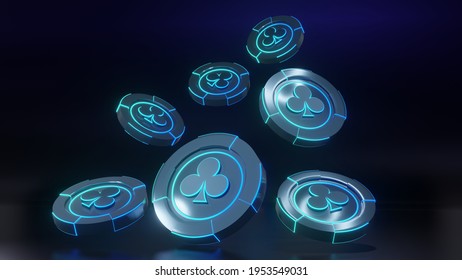 Poker Casino Chips Falling On The Dark Floor. 3D Rendering And Illustration.