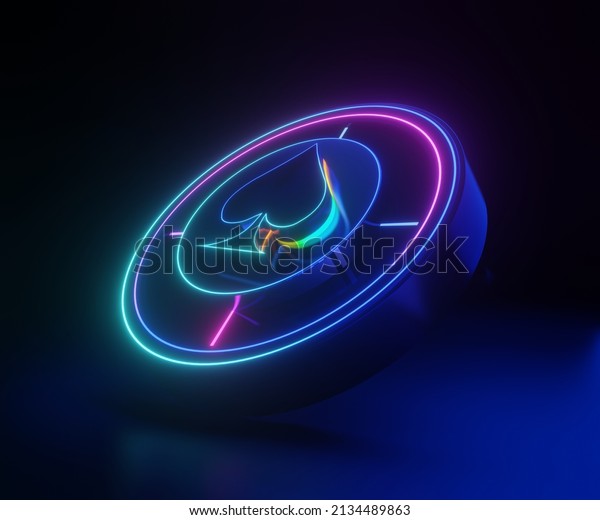 Poker chip with neon playing card suit sign,\
3d illustration