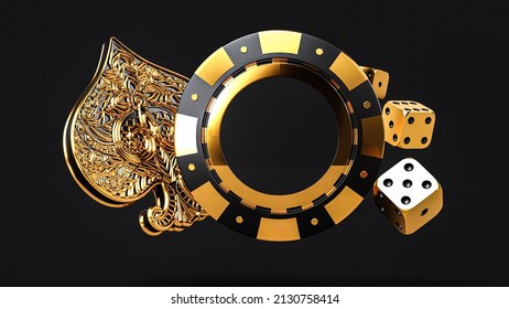 Poker chip, traditional embroidery play card symbols, poker chip, dices and ace. Black and golden isolated on the dark background. Casino game gambling concept, play card mobile app 3d rendering