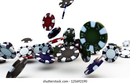 Poker Chips Falling Isolated On White Background