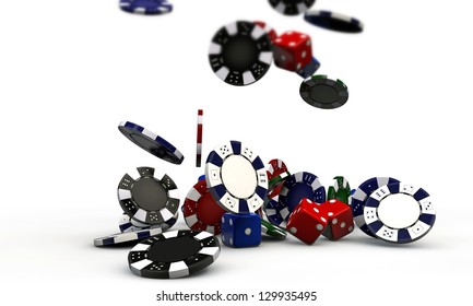 Poker Chips Falling Isolated On White Background