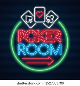 Poker Room Neon Vintage Sign With Ace Cards