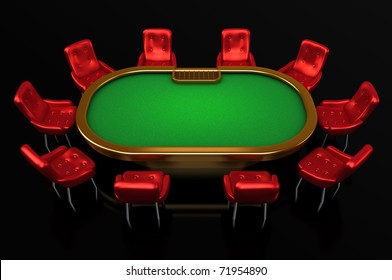 Poker Table With Chairs Top Side View Isolated On Black