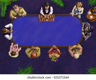 Poker Table, Overhead View,  With A Variety Of Animated Character Players And A Dealer With A Ribbon Bow Tie & A Wooden Box Of Poker Chips
