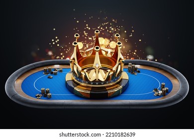 Poker Tournament, Poker Online, Big Crown On The Poker Table. Poker Game, Online Casino, Texas Hold'em, Application, Card Games. Modern Design, Magazine Style. 3D Rendering, 3D Illustration.