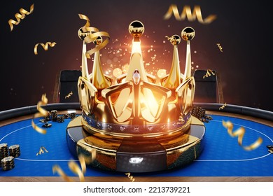 Poker Tournament, Poker Online, Big Crown On The Poker Table. Poker Game, Online Casino, Texas Hold'em, Application, Card Games. Modern Design, Magazine Style. 3D Rendering, 3D Illustration.