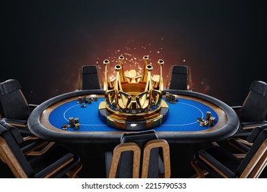 Poker Tournament, Poker Online, Big Crown On The Poker Table. Poker Game, Online Casino, Texas Hold'em, Application, Card Games. Modern Design, Magazine Style. 3D Rendering, 3D Illustration.