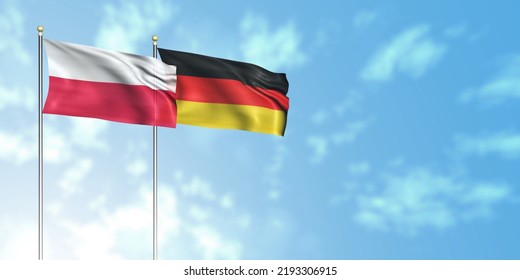 Poland Flag With Germany Flag, 3D Rendering With A Cloudy Background