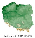 Poland. A highly detailed 3D rendering of a shaded relief map with rivers and lakes. Colored by elevation. White background. Created with satellite data and 3D applications.