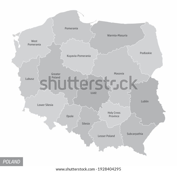 The\
Poland isolated map divided in regions with\
labels