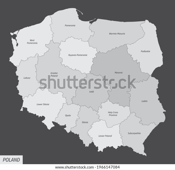 The Poland map\
divided in regions with\
labels