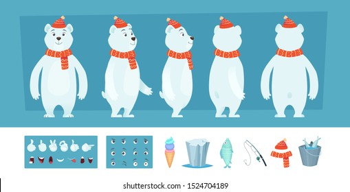 Polar Bear Animation. White Wild Animal Body Parts And Different Faces Character Creation Kit