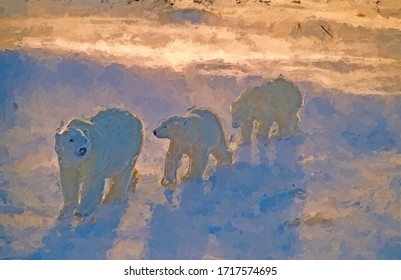 Polar Bear With Her Cubs Walking In Arctic Snow Storm,computer Art