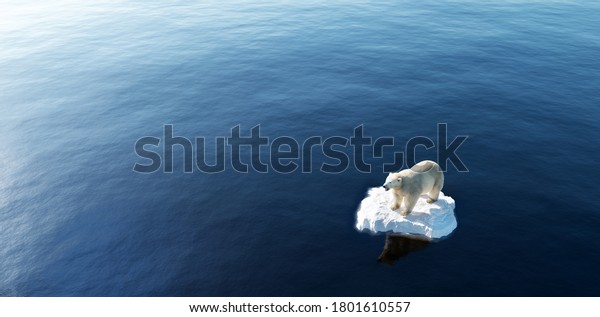 Polar bear on ice floe. Melting\
iceberg and global warming. Climate change. 3D\
illustration