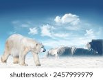 Polar bear (Ursus maritimus) in the Arctic pack with blue sky and cloud in the background