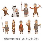 Polar eskimo characters. Indigenous people wearing traditional warm clothes. Group of different traditional ethnic persons