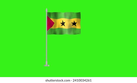 Pole Flag of São Tomé and Príncipe, Flag of São Tomé and Príncipe, São Tomé and Príncipe Pole flag waving in the wind on Green Screen. São Tomé and Príncipe Flag.