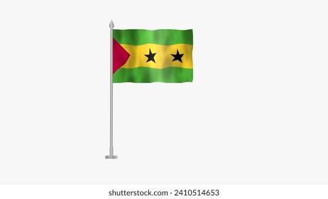 Pole Flag of São Tomé and Príncipe, Flag of São Tomé and Príncipe, São Tomé and Príncipe Pole flag waving in the wind on White Screen. São Tomé and Príncipe Flag.
