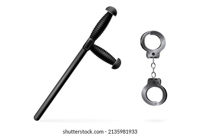 Police Bat, Handcuffs. Ammunition For Police Officers, Safety Rubber Baton, Isolated Clipart. Black Club With A Handle. Security Weapon. Protective Military Equipment, Law Enforcement Tool. 