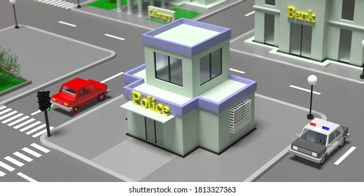 Police Building Entrance High Angle View. Small Town Isometric Block With Houses, Streets And Trees. 3d Illustration