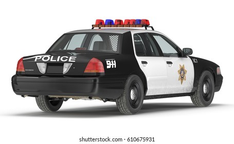 Police Car 3d Illustration Isolated On White Back View