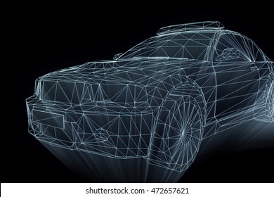 Police Car In Hologram Wireframe Style. Nice 3D Rendering
