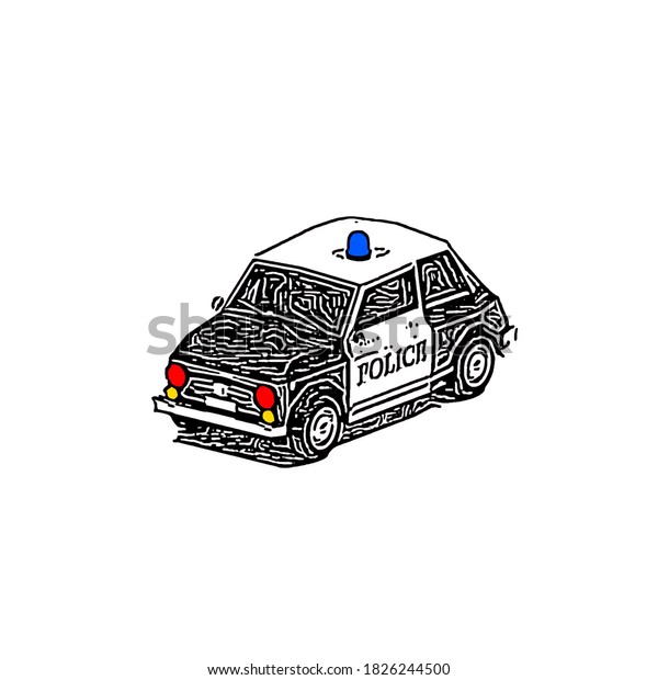 Police car isolated on a white background.\
Engraved\
illustration