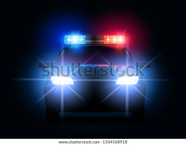 Police car lights. Security sheriff cars\
headlights and flashers, emergency siren light and secure\
transport. Arrest led lighting, cop law car beacon or sirens alarm.\
3d realistic \
illustration