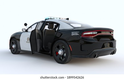 Police Car Model On White Background. Back Side View. Rear Door Open. 3d Render