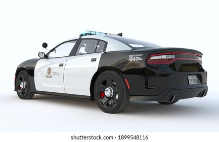 Police Car Model On White Background. Back Side View. 3d Render