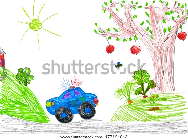 police car and nature.\
child drawing