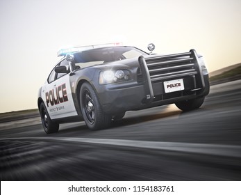 Police Car In Pursuit With Full Array Of Lights. 3d Rendering With Motion Blur