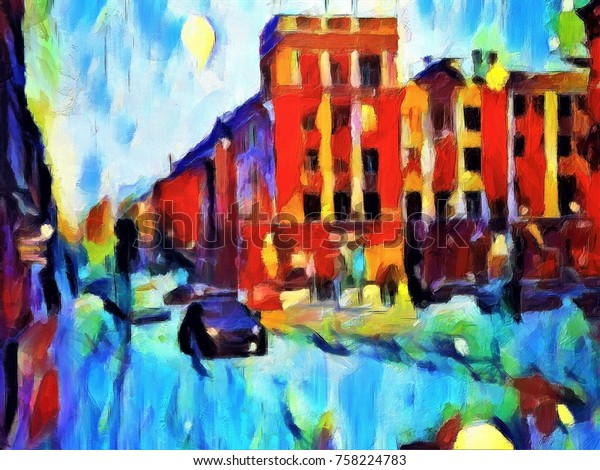 A police car rides in the winter\
in the evening city. Large size modern wall art oil painting on\
canvas. Colorful abstract impressionism artwork.\
