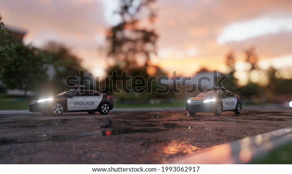 Police cars are rushing to the scene of the\
crime. Scene with police cars racing on wet asphalt in the early\
morning. The image is for criminal, news or police backgrounds. 3D\
Rendering.