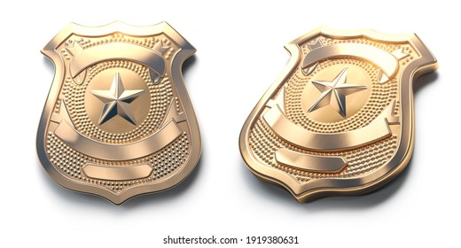 Police golden metal badge isolated on white Sign and symbol of police. 3d illustration