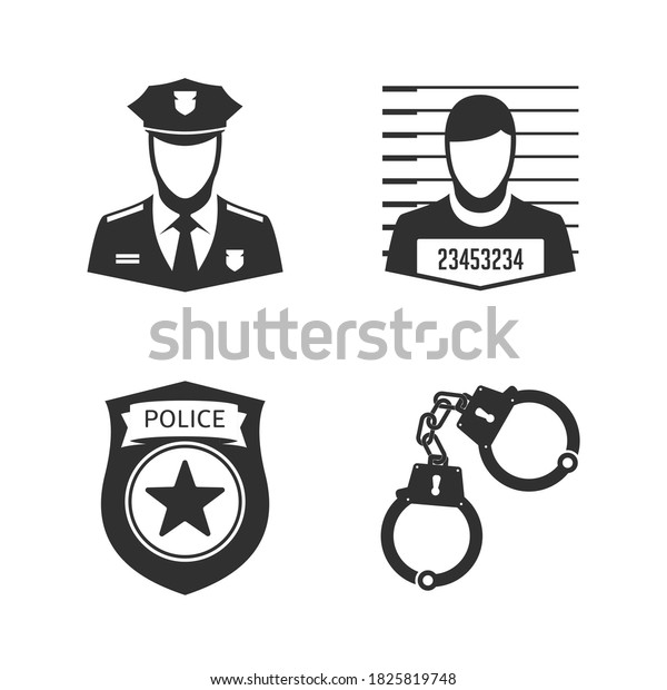 Police icon set in flat\
style. Policeman Officer and criminal avatar, handcuffs and a\
police badge. 