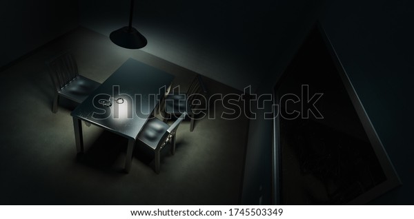 police interrogation room
with double sided mirror and dramatic lighting /3D rendering.
illustration