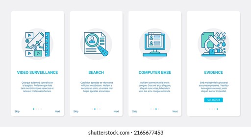 Police Investigation Of Crime Concept Illustration. UX, UI Onboarding Mobile App Page Screen Set With Line Video Surveillance, Search For Criminal Evidence, Computer Base Abstract Symbols