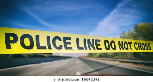 Police Line, Car Accident. Warning Yellow Tape, Text Police Line Do Not Cross, Blur Highway Road Background. 3d Illustration