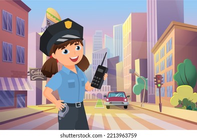 Police Officer Happy Girl Working On City Street Illustration. Cartoon Kid Policeman Character Managing Road Car Traffic, Standing On Crosswalk, Traffic Rules For School Children Background