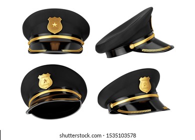 Police Officer Hat With Golden Badge On A White Background. 3d Rendering