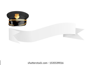 Police Officer Hat With Golden Badge Over Blank Ribbon For Your Sign On A White Background. 3d Rendering