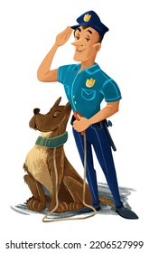 Police Officer In Uniform Saluting And Dog Canine Agent K9