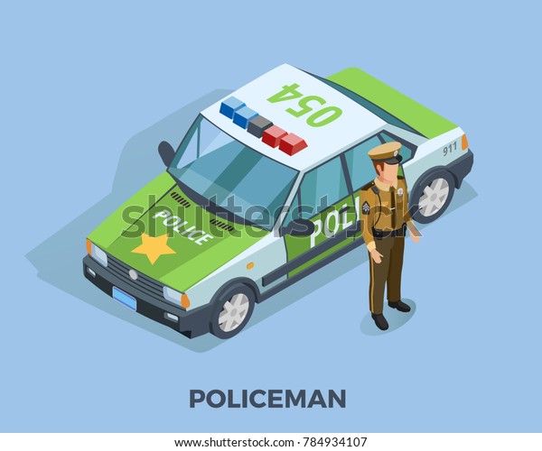 Police profession\
isometric template with policeman in uniform standing near car\
isolated \
illustration