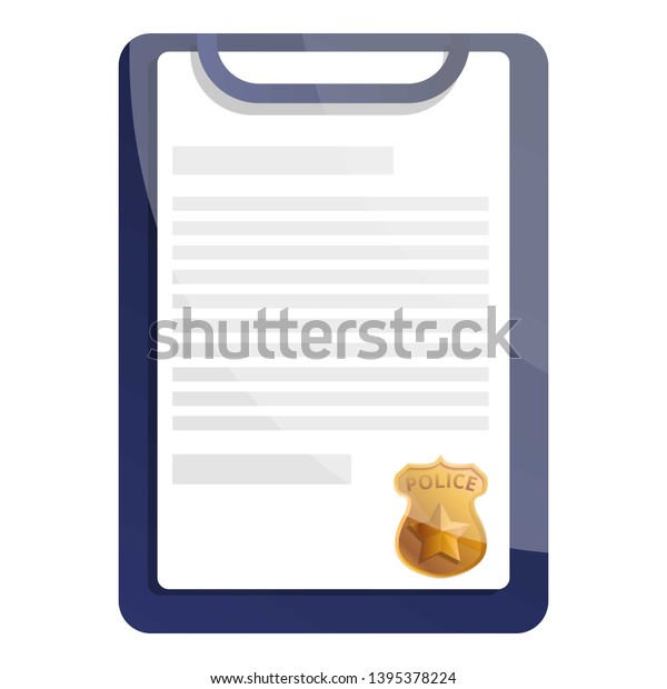 Police report\
clipboard icon. Cartoon of police report clipboard icon for web\
design isolated on white\
background