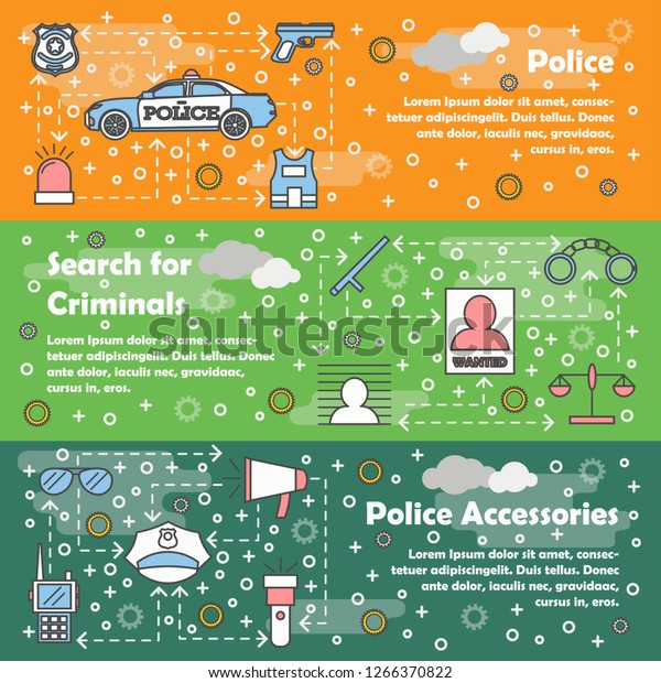 Police service web banner template set. Police,\
Search for criminals, Police accessories concept thin line art flat\
style design\
elements.
