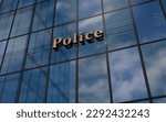 Police station glass building concept. Police department headquarters symbol on front facade 3d illustration.