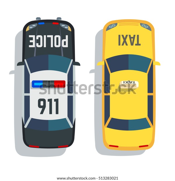 Police and taxi\
cars top view set. Car for taxi and police, illustration transport\
taxi and auto police view\
top